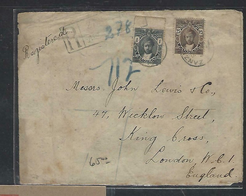 ZANZIBAR COVER  (PP2909BB) SULTAN 1C+25C FROM MALINDI STREET REG TO ENGLAND