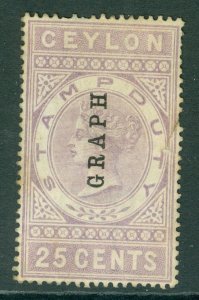 SG T22 Ceylon 1882. 25c lilac Fiscal stamp. Inscribed 'stamp duty'. A mint