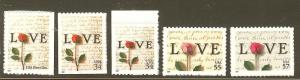 US Scott # 3496, 3497, 3498, 3499, & 3551 Rose & Love Letters MNH