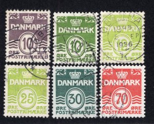 Denmark 1938-78 10o to 70o values, Scott 230, 318, 333, 416, 437, 497 used