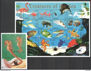 Liberia Fish & Marine Life Birds Creatures Of The Sea 1Sh+1Bl ** Stamps Pk082