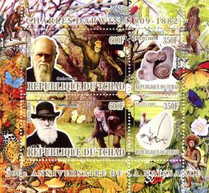 TCHAD CHAD TSCHAD SHEET MNH DARWIN FOSSILS MONKEYS BUTTERFLY