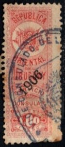 1906 Uruguay Revenue 1 Peso Coat Of Arms Consular Service Used