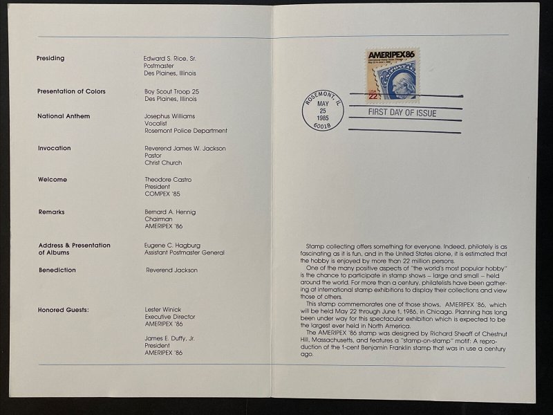 1985 Ameripex '86 Stamp First Day Ceremony Program Sc# 2145