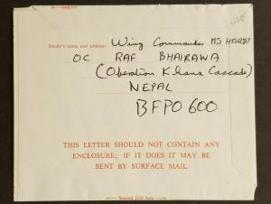 1973 Nepal to England Gurkha Forces Wing Commander Khana Cascade Air Mail Cover