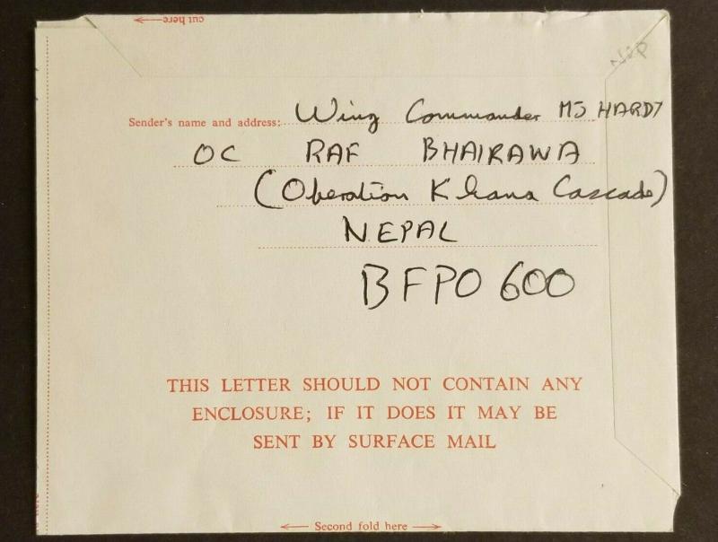 1973 Nepal to England Gurkha Forces Wing Commander Khana Cascade Air Mail Cover