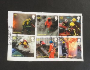 GB 2009.  Fire & Rescue. Set of 6 used stamps. Ex FDC on paper