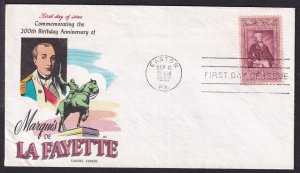 1957 Marquis de Lafayette Bicentennial Sc 1097 FDC with Fluegel cachet (WY