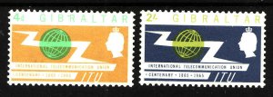 Gibraltar-Sc#167-8-unused light hinged Omnibus-QEII-ITU omnibus-1965-