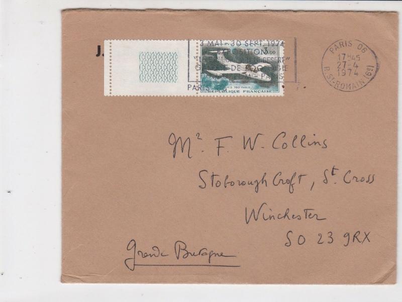 Republique Francaise 1974 Paris St. Romain Cancel Plane Stamps Cover Ref 23335