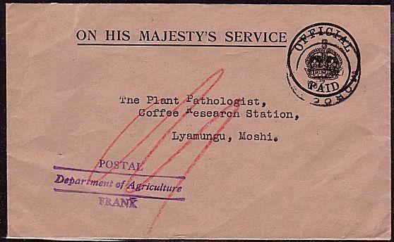 KENYA UGANDA TANGANYIKA 1938 cover ex Morogoro : Dept Ag frank.....33247