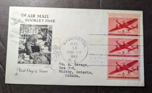 1943 USA Airmail First Day Cover FDC Washington DC to Whitby Ontario Canada