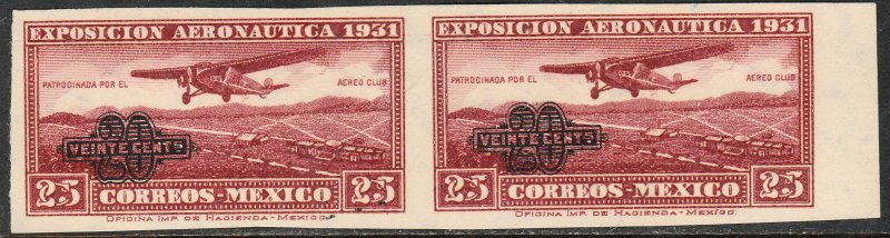 MEXICO C45a, 20¢ ON 25¢ AERONAUTIC EXHIB. IMPERFORATED PAIR, MINT, NH. VF