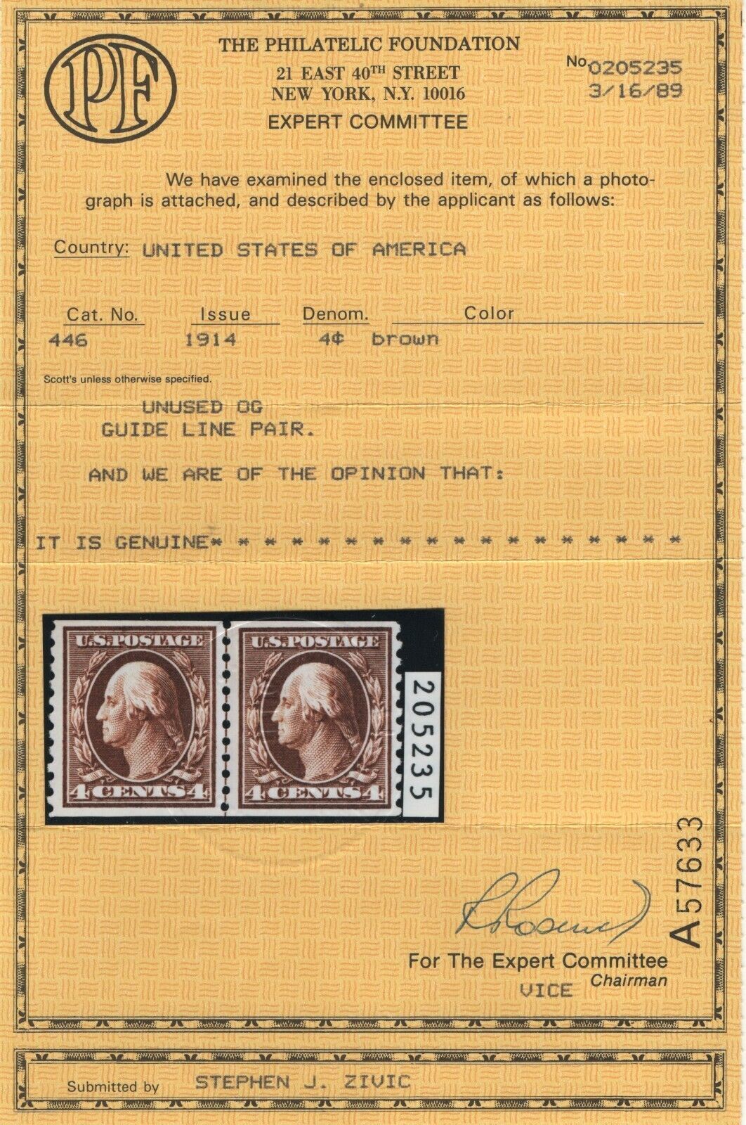 446 Line pair VF-XF OG with PF cert mint lightly hinged nice color ...