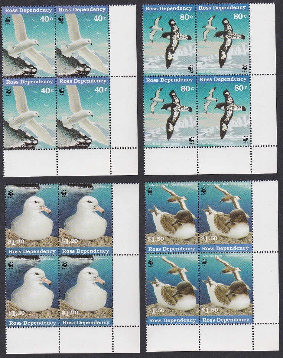 Ross Dep. WWF Antarctic Seabirds 4v SE Corner Blocks of 4 1997 MNH SC ...