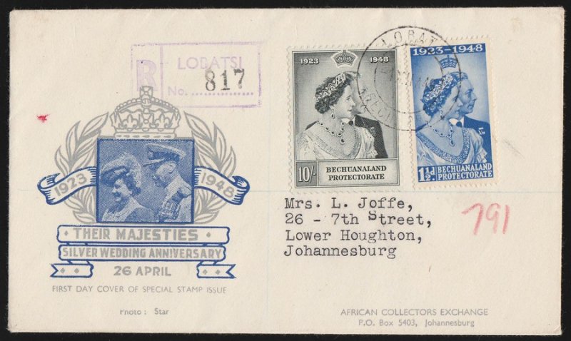 BECHUANALAND : 1948 KGVI Silver Wedding Registered FDC cover. To South Africa. 