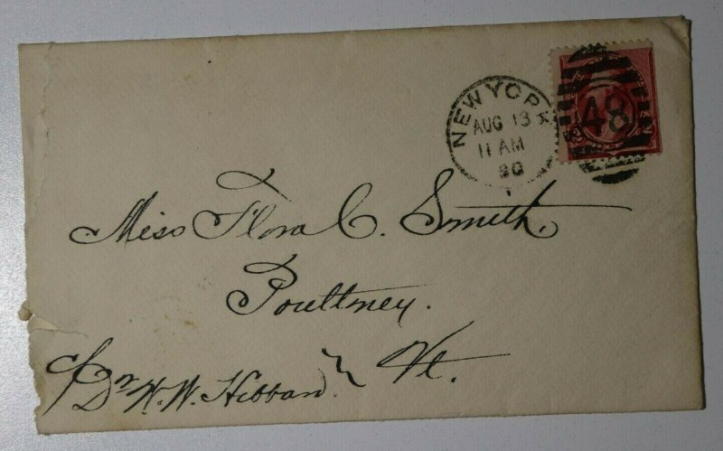 US Sc#220 Dark Carmine Used On Cover 1890 NY Large Numeral Cancel 48 Poultney VT