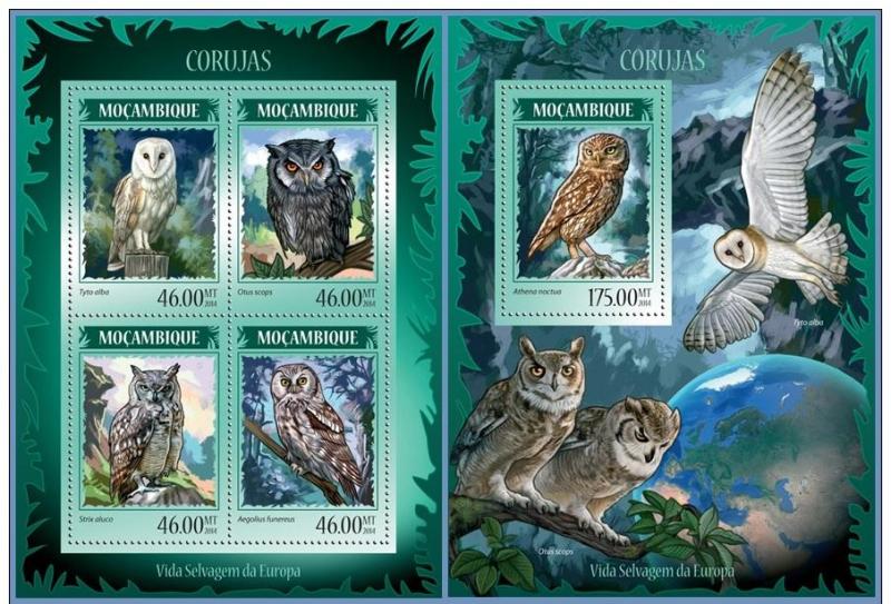 MOZAMBIQUE 2014 2 SHEETS m14209ab OWLS BIRDS HIBOUX OISEAUX