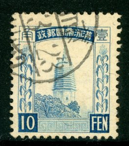 China 1935 Manchukuo 10 Fen Wmk Scott #57 Blue VFU O281 ⭐⭐⭐⭐⭐