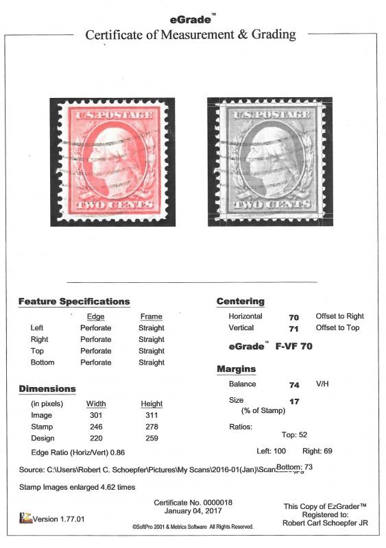 375 2 cents Washington, Carmine Stamp used EGRADED F-VF 70