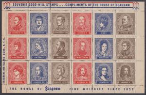 US, Seagram Souvenir Good-Will Stamps, British Royalty, full sheet MNH & VF