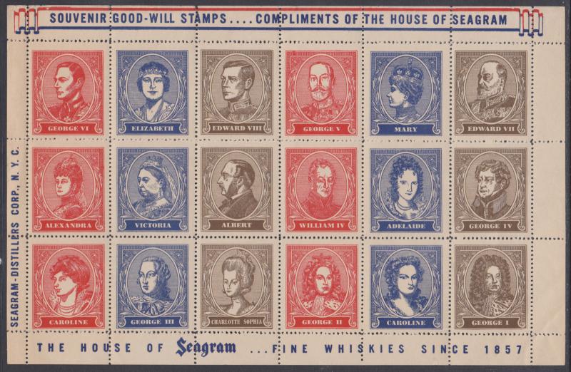 US, Seagram Souvenir Good-Will Stamps, British Royalty, full sheet MNH & VF