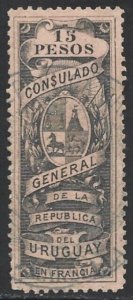 Uruguay 1893 Revenue FRANCE Consulate 15P Black on Pink Fine Used Very Scarce-