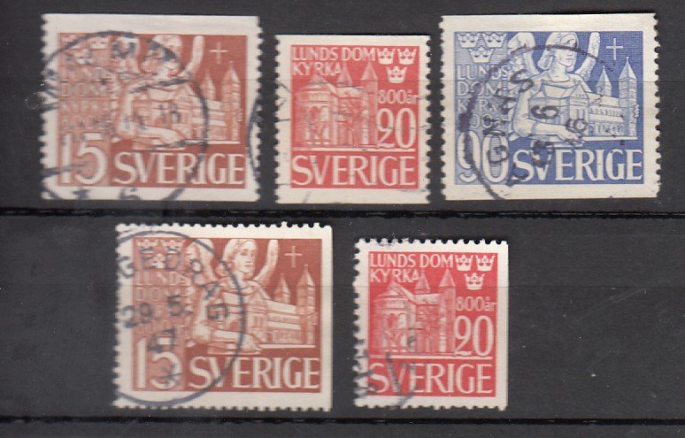 J25643 JLstamps 1946 sweden set used #369-73 lund cathedral