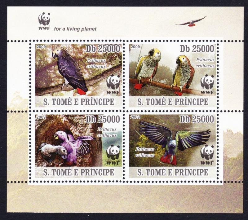 Sao Tome Birds WWF Grey Parrot 4v Block of 4 WWF Logo MI#3777-3780