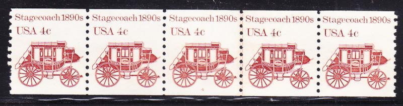 Stagecoach  1880's .4c Plate Number Strip of 5. Nr.-4 as a Line Pair.