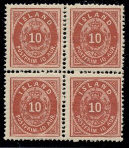 ICELAND #11 (12d) 10aur carmine, og, NH, Block of 4 w/perf error Facit $7,200