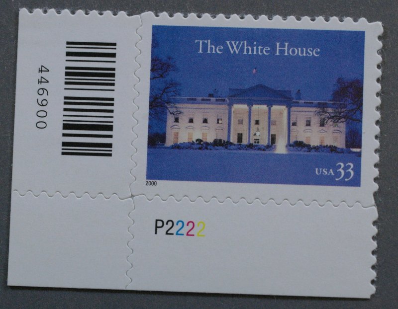United States #3445 33 Cent White House w/ Plate Number and Bar Code MNH