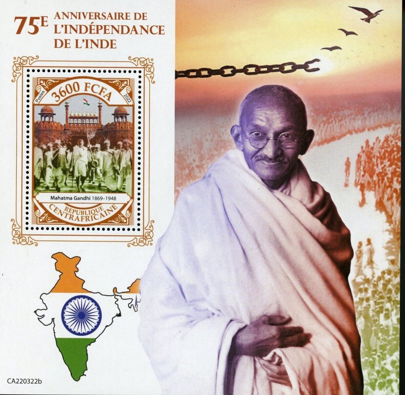 CENTRAL AFRICA 2022 75th INDIA INDEPENDENCE GANDHI S/SHEET MINT NEVER HINGED