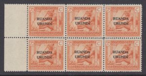Ruanda Urundi Sc 17 MNH. 1924 75c orange Basket Weaver, sheet margin block of 6