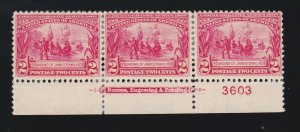 US 329 2c Jamestown Exposition Mint Bottom Plt#3603 Strip of 3 F-VF OG H SCV$105