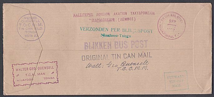 TONGA 1937 TIN CAN MAIL COVER ex Niuafo'ou to New Zealand...................J879