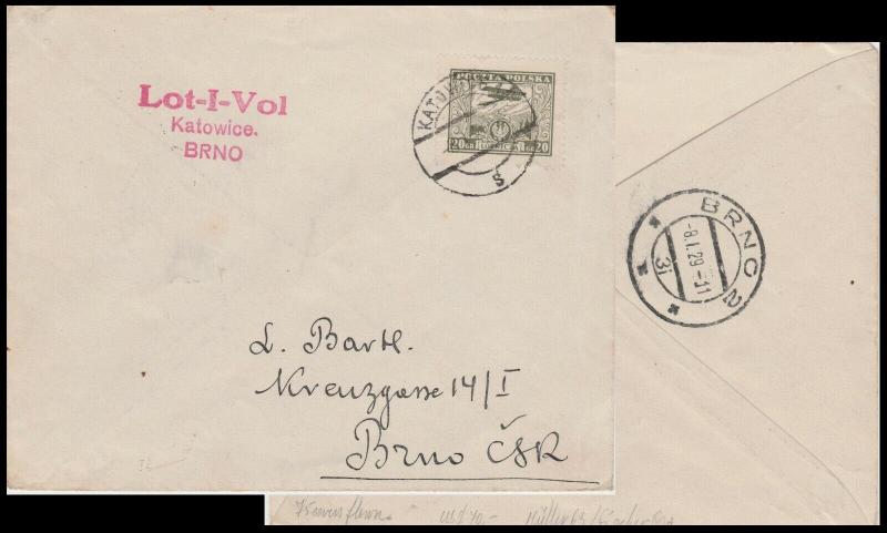 POLOGNE / POLAND 1929 (Jan 8) RARE 1st Air Mail Flight Cover KATOWICE-BRNO