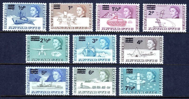 BR. ANTARCTIC TERR. — SCOTT 25//34 (SG 24//33) — 1971 SURCHARGES — MNH — SCV $52