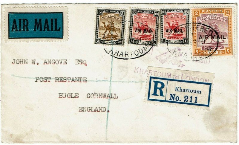 Sudan 1931 Khartoum cancel on first flight cover to England