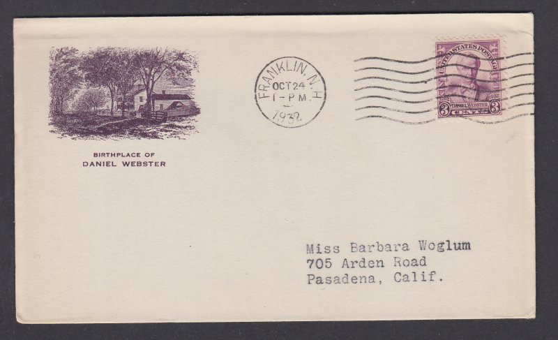 US Planty 725-1a FDC. 1932 3c Daniel Webster, unlisted purple Gorham cachet