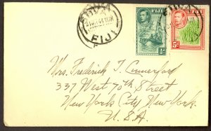 FIJI 1944 KGVI GRAND PACIFIC HOTEL Stationery Cover SUVA to USA 1/2d and 5d