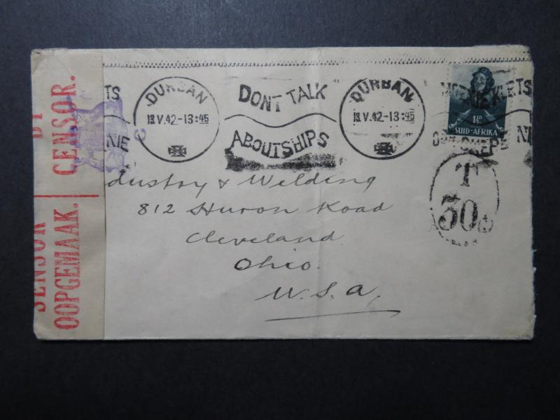 South Africa 1942 Censor Cover / Patriotic Cancel / Light Fold / 30c Due -Z10824