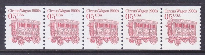 US 2452B MNH 1992 5¢ Circus Wagon 1900s PNC Strip of 5 Plate #A1