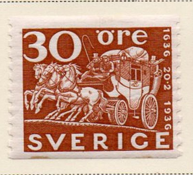 Sweden Sc 256 1936 30 ore yellow brown Mail coach stamp mint