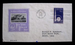 US - SCOTT# 853 ON COVER - NY WORLD FAIR - CAT VAL $20.00