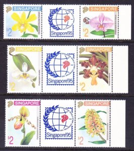 Singapore 616a//686a MNH 1992-1994 Singapore 95 Flower Pairs w/Labels Very Fine