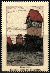 Vintage Germany Poster Stamp Dinkelsbühl Bauerlins Tower On The Mühlgraben