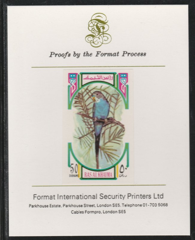 RAS AL KHAIMA 1972 BIRDS - BUDGERIGAR  imperf on FORMAT INTERNATIONAL PROOF CARD