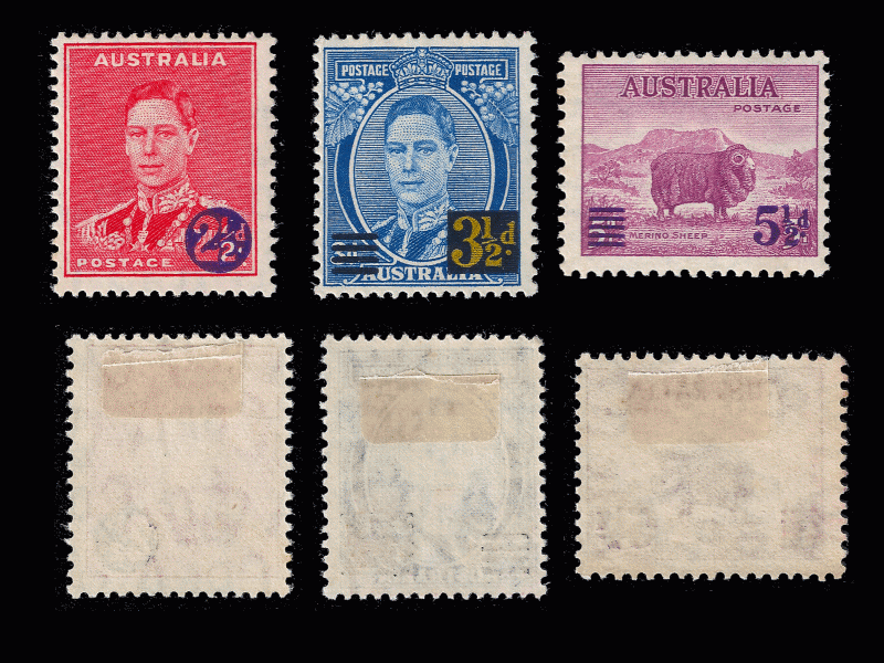 Australia 1941 KGVI revalue o'prints.  Sc 188-190 mh