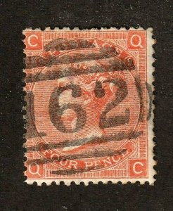 Great Britain stamp #43, used, 1865, Queen Victoria, p. 9,  wmk. 23,  CV $72